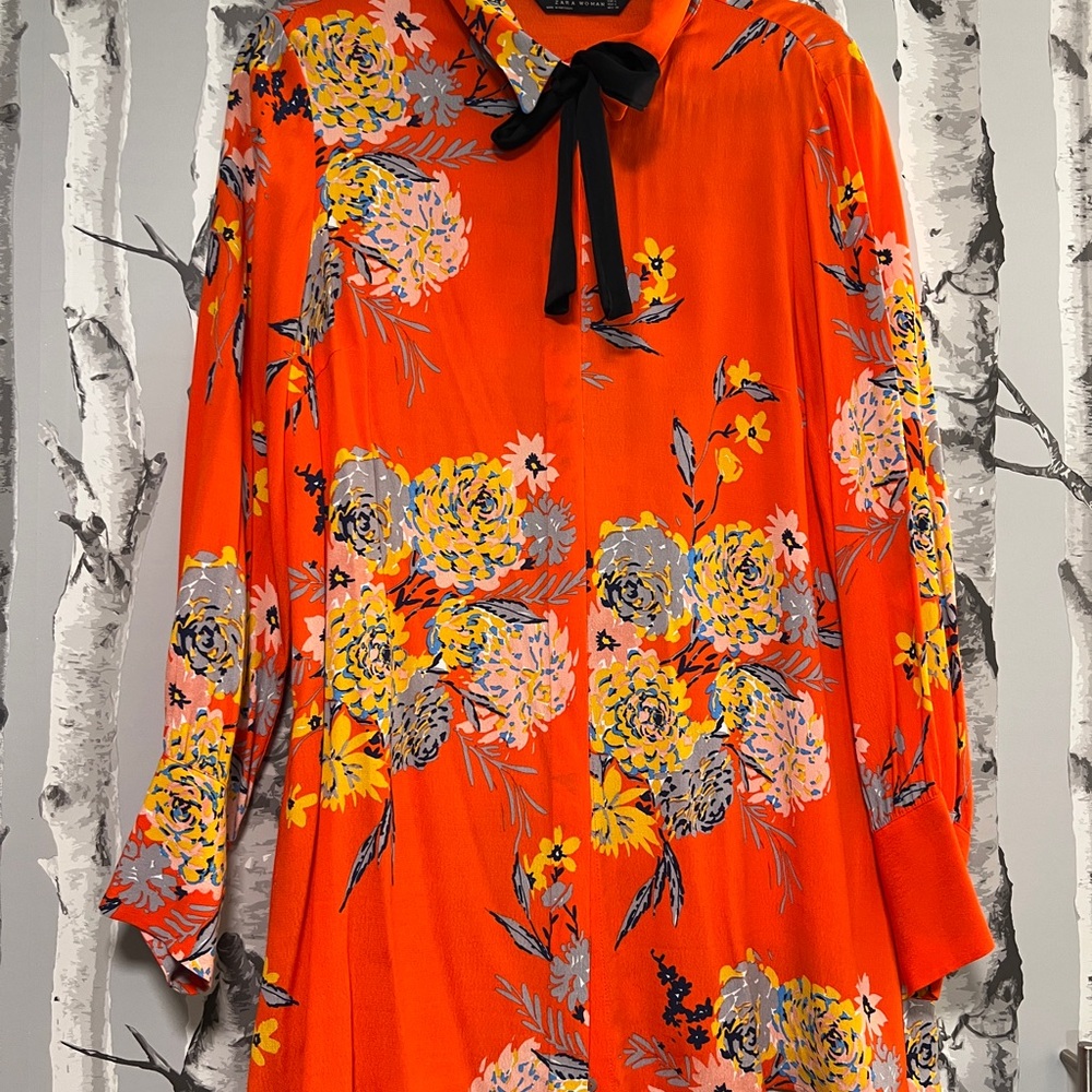 Zara Orange Floral Blouse with Black Bow